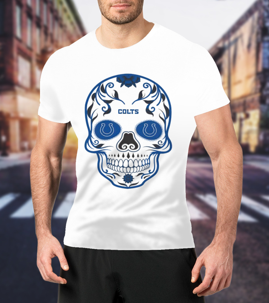 Colts Blue Decorative Skull With Horseshoe Motif T-Shirt