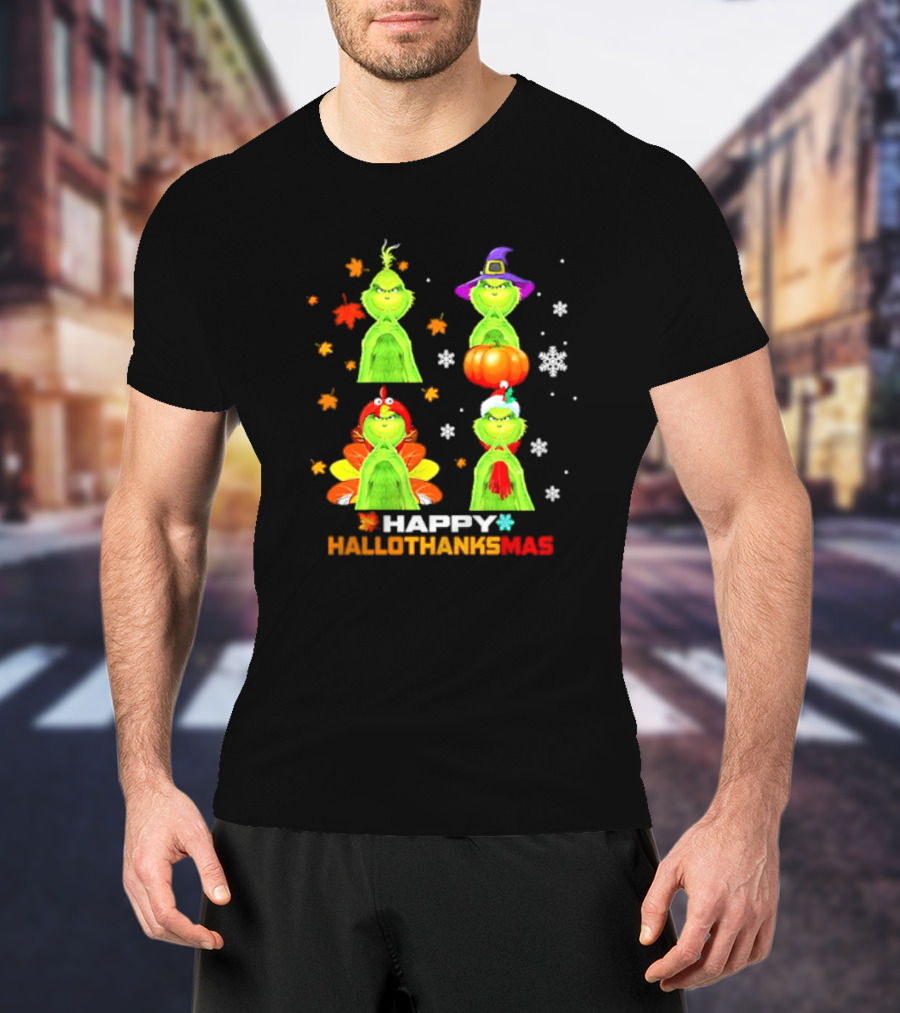 Happy Hallothanksmas Grinch Halloween Thanksgiving Christmas T-Shirt