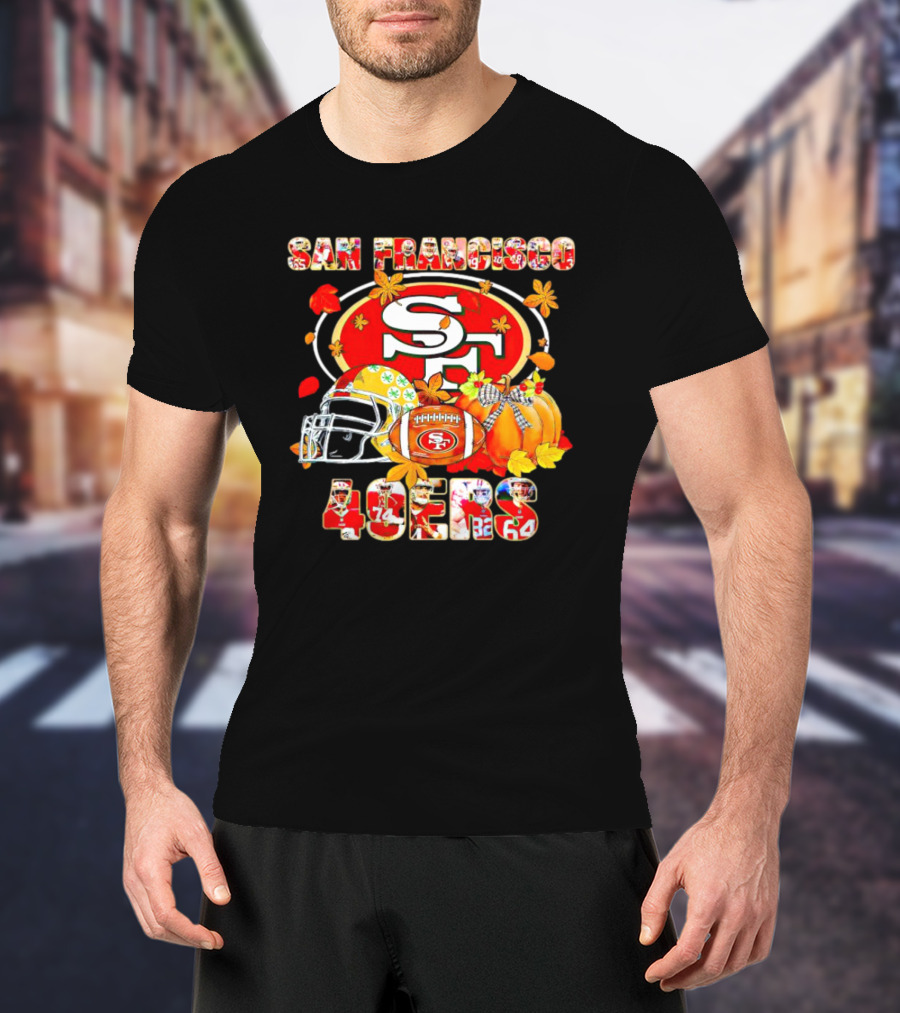 San Francisco 49ers Autumn Football With Helmets And Pumpkins T-Shirt