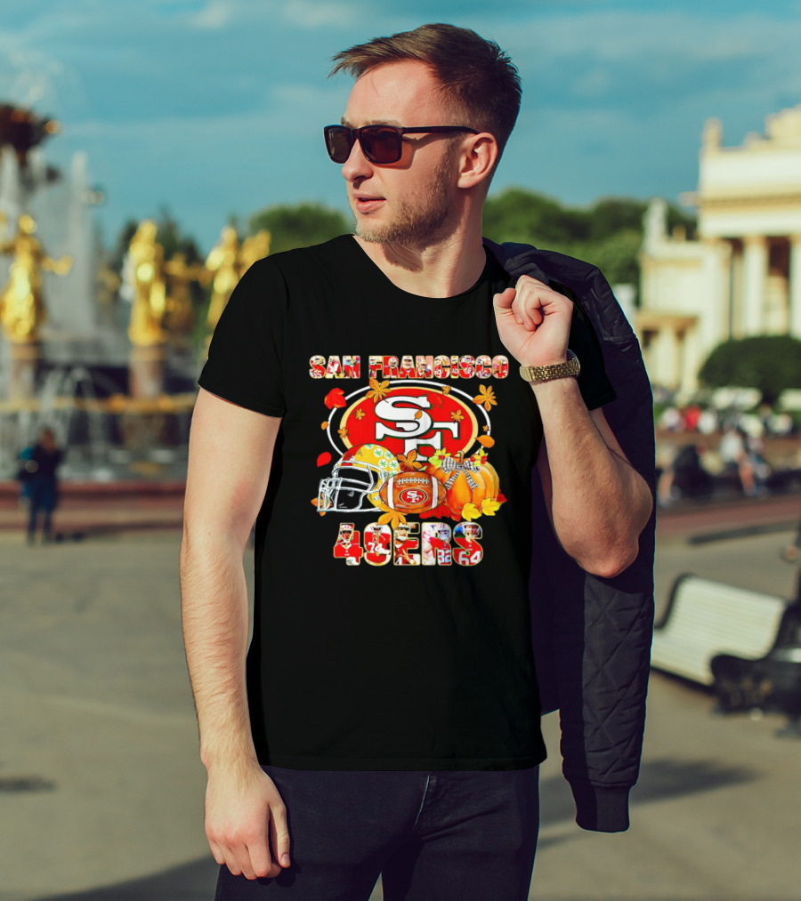 San Francisco 49ers Autumn Football With Helmets And Pumpkins T-Shirt