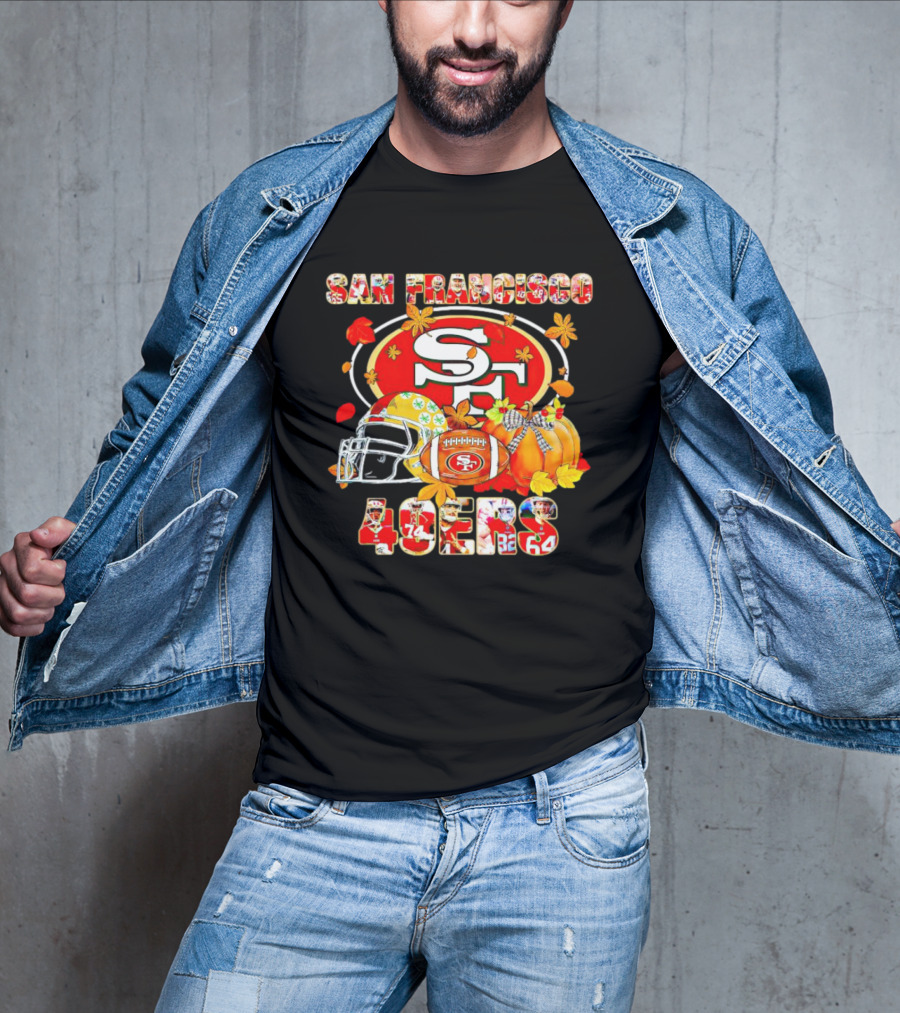 San Francisco 49ers Autumn Football With Helmets And Pumpkins T-Shirt