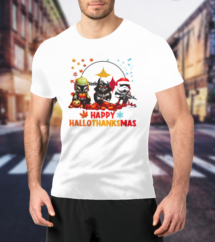 Star Wars Chibi Steelers Happy Hallothanksmas Pumpkins Leaves Snowflakes T-Shirt