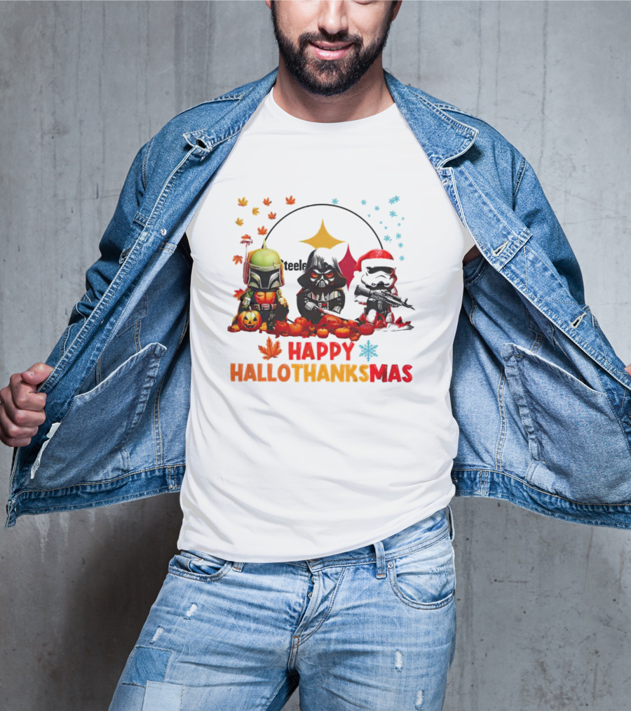 Star Wars Chibi Steelers Happy Hallothanksmas Pumpkins Leaves Snowflakes T-Shirt