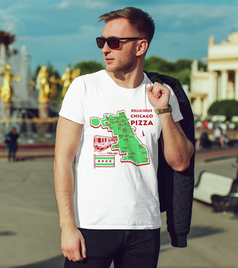 Chicago Map Train Flag Delicious Chicago Pizza T-Shirt
