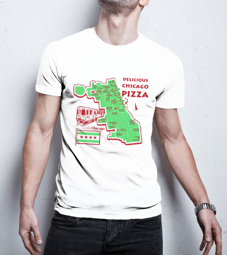 Chicago Map Train Flag Delicious Chicago Pizza T-Shirt