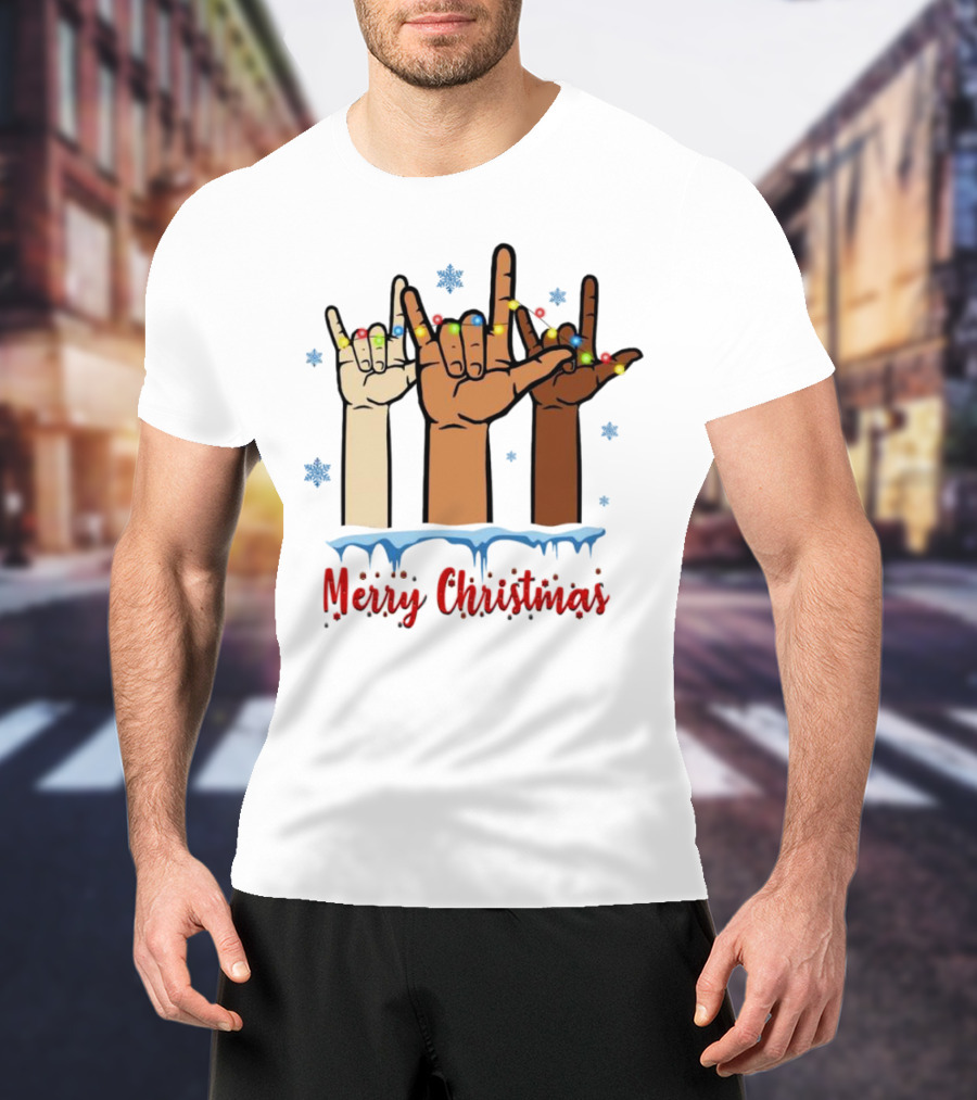 Merry Christmas Deaf Awareness Hand Sign Language With Snowflakes And Festive Lights T-Shirt