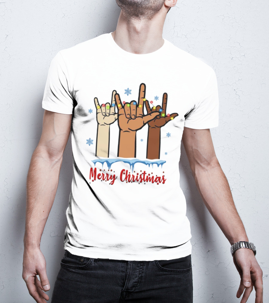 Merry Christmas Deaf Awareness Hand Sign Language With Snowflakes And Festive Lights T-Shirt