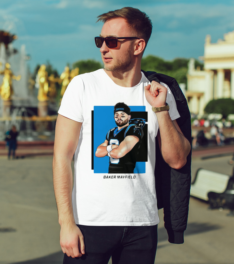 Carolina Panthers Baker Mayfield Artwork With Team Uniform T-Shirt