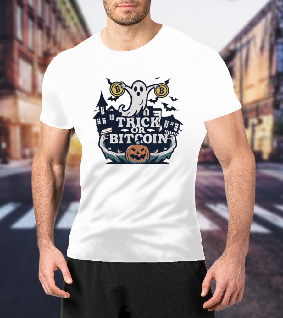 Trick Or Bitcoin Ghost Halloween With Haunted Houses And Pumpkin T-Shirt
