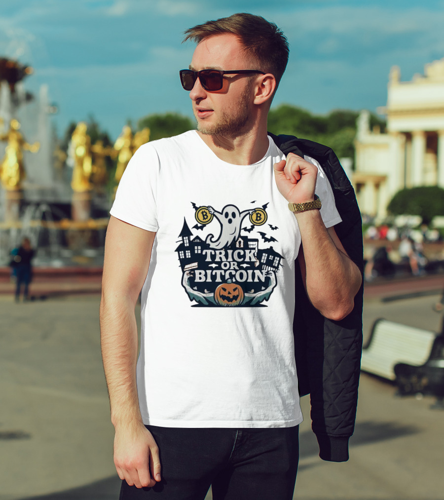 Trick Or Bitcoin Ghost Halloween With Haunted Houses And Pumpkin T-Shirt