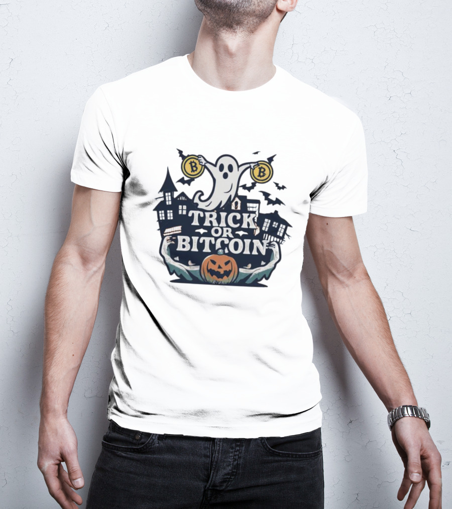 Trick Or Bitcoin Ghost Halloween With Haunted Houses And Pumpkin T-Shirt