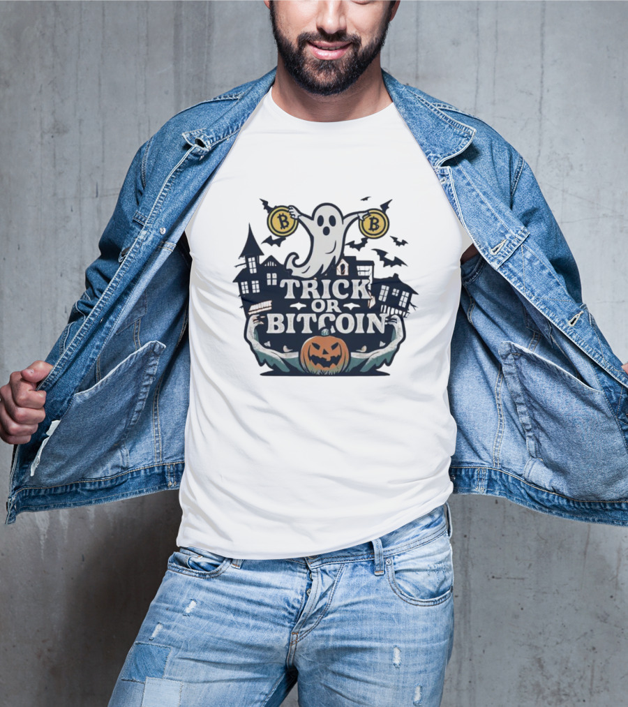Trick Or Bitcoin Ghost Halloween With Haunted Houses And Pumpkin T-Shirt