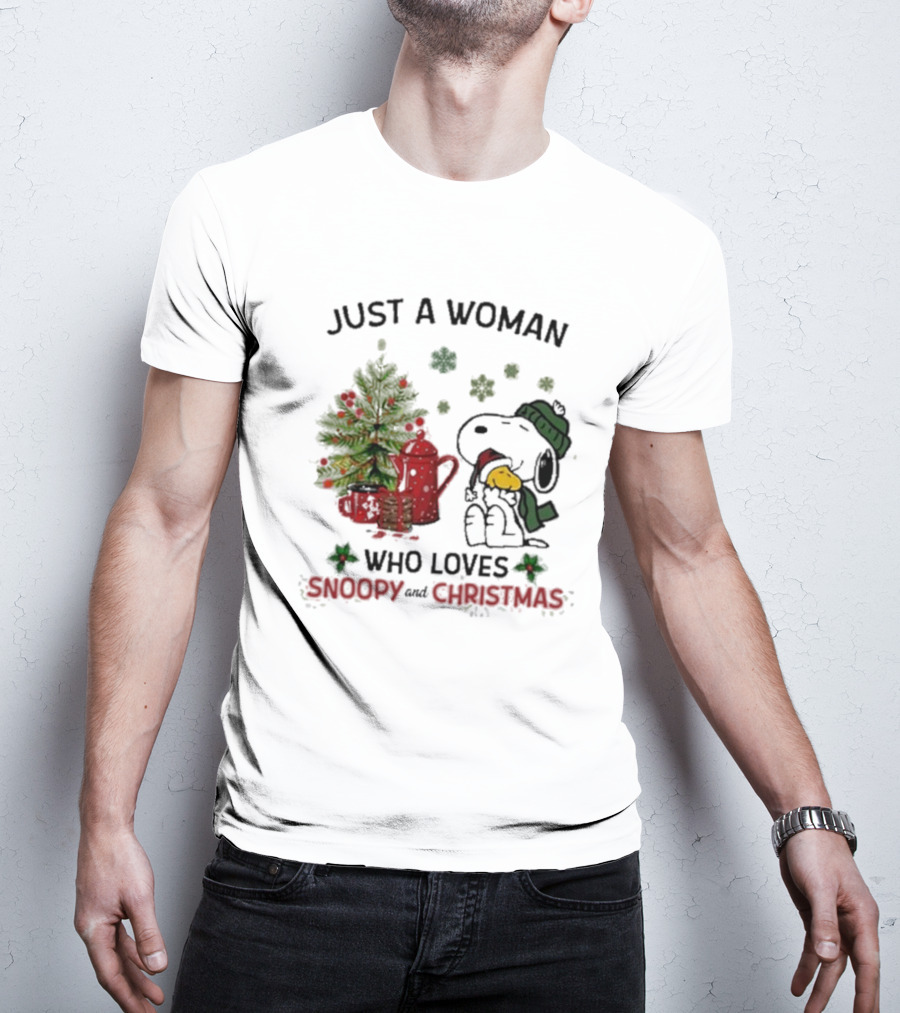 Just A Woman Who Loves Snoopy Hug Woodstock And Christmas T-Shirt