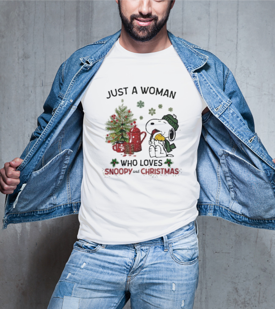 Just A Woman Who Loves Snoopy Hug Woodstock And Christmas T-Shirt