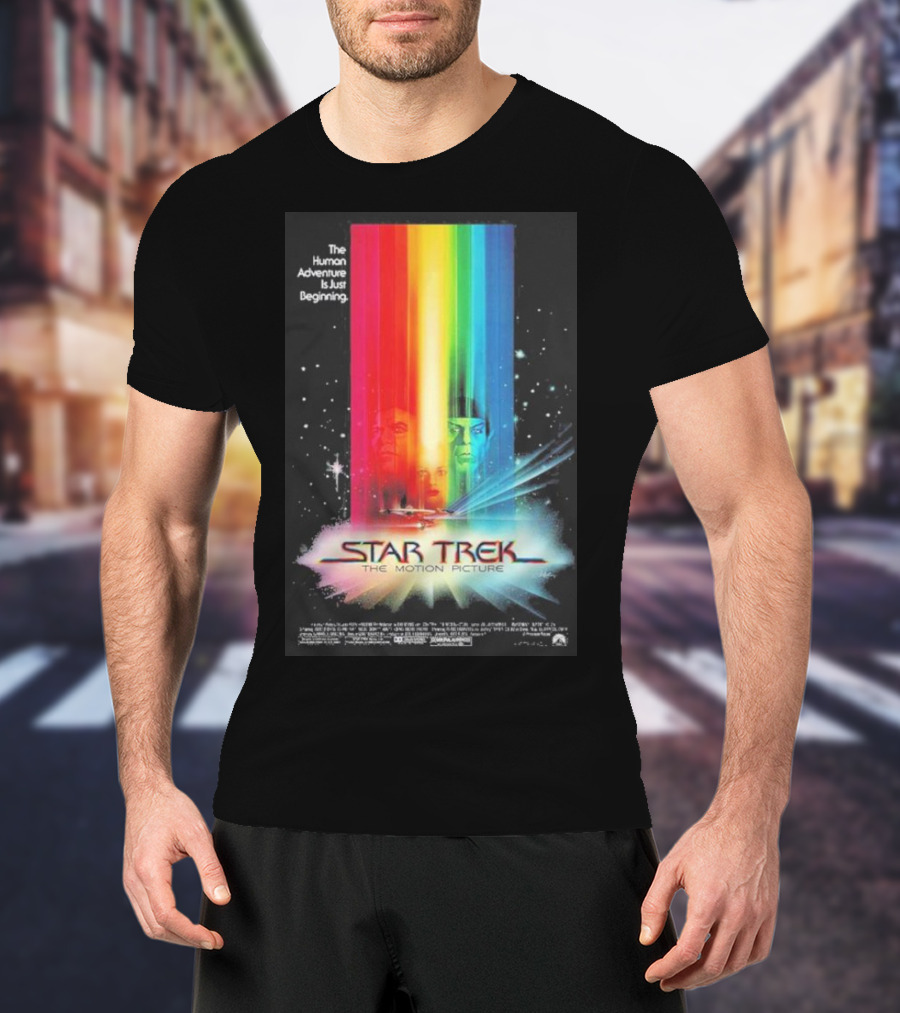 Star Trek The Motion Picture The Human Adventure Is Just Beginning Colorful Light Beams And Starry Background T-Shirt