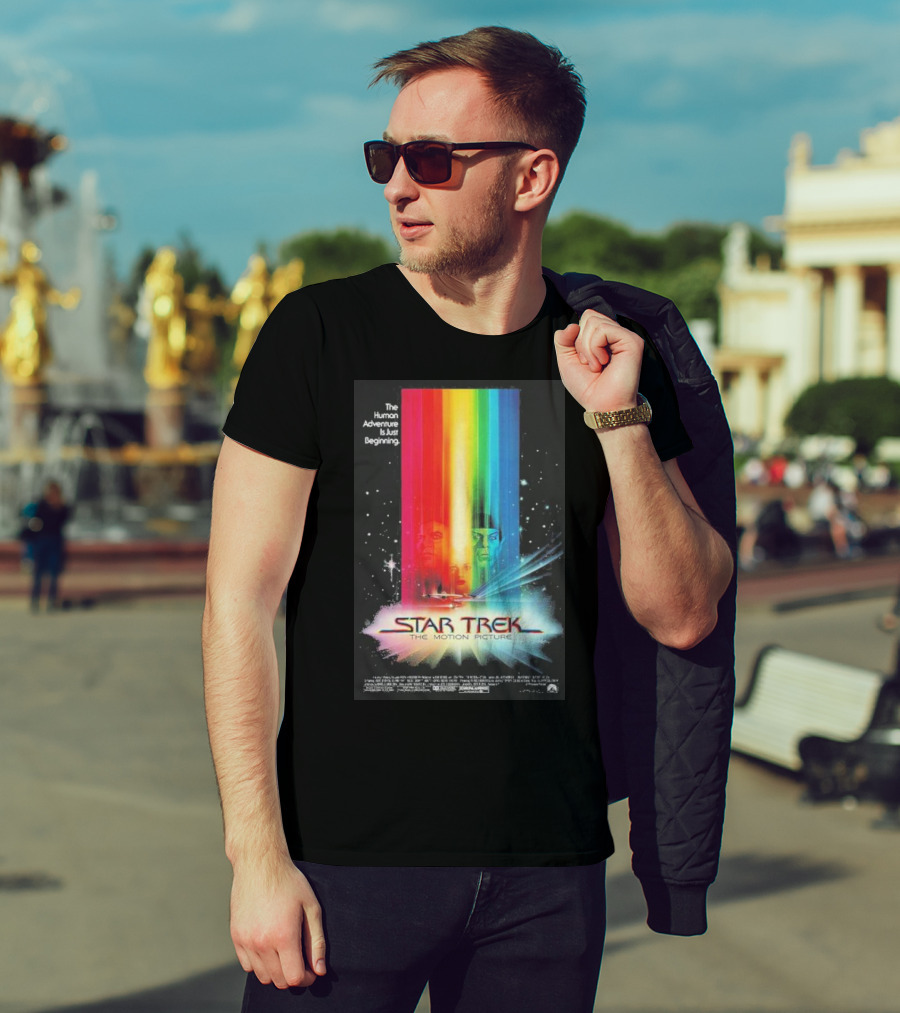 Star Trek The Motion Picture The Human Adventure Is Just Beginning Colorful Light Beams And Starry Background T-Shirt