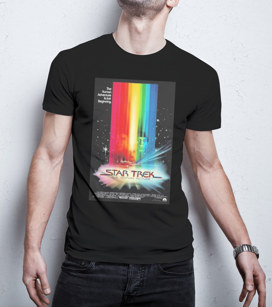 Star Trek The Motion Picture The Human Adventure Is Just Beginning Colorful Light Beams And Starry Background T-Shirt