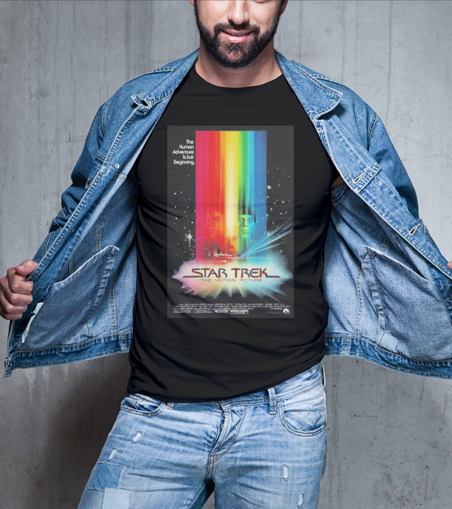 Star Trek The Motion Picture The Human Adventure Is Just Beginning Colorful Light Beams And Starry Background T-Shirt