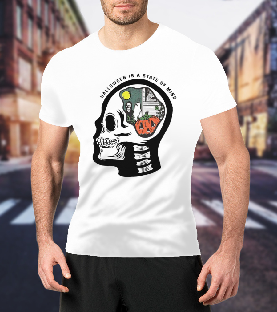 Halloween Is A State Of Mind Skull With Pumpkin And Ghosts T-Shirt