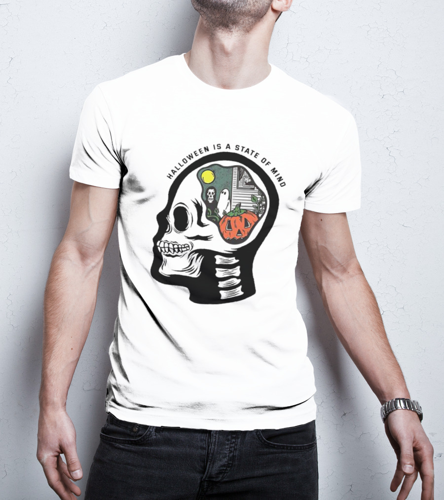 Halloween Is A State Of Mind Skull With Pumpkin And Ghosts T-Shirt