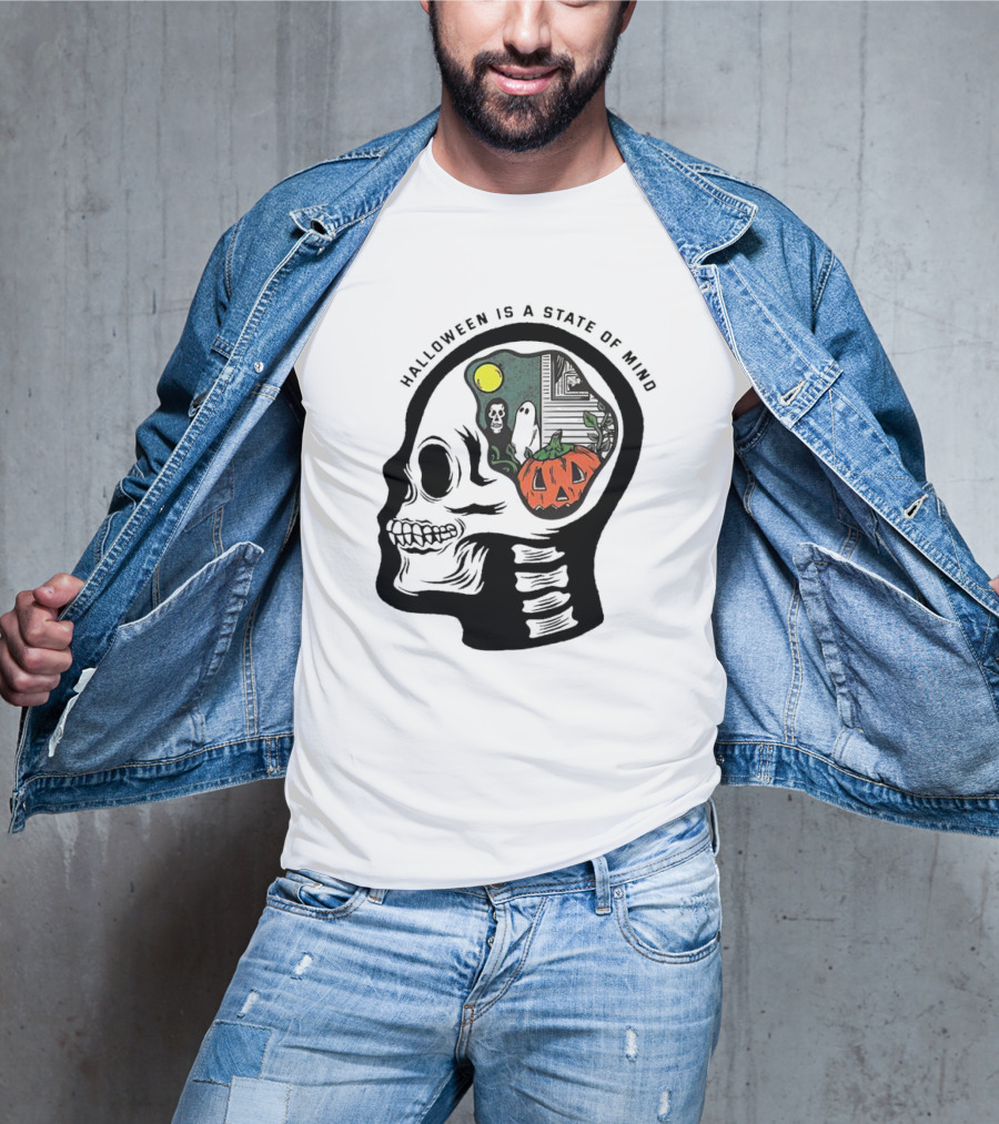 Halloween Is A State Of Mind Skull With Pumpkin And Ghosts T-Shirt