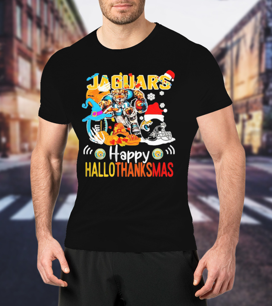 Jaguars Mascot Happy Hallothanksmas Football Halloween Thanksgiving Christmas T-Shirt