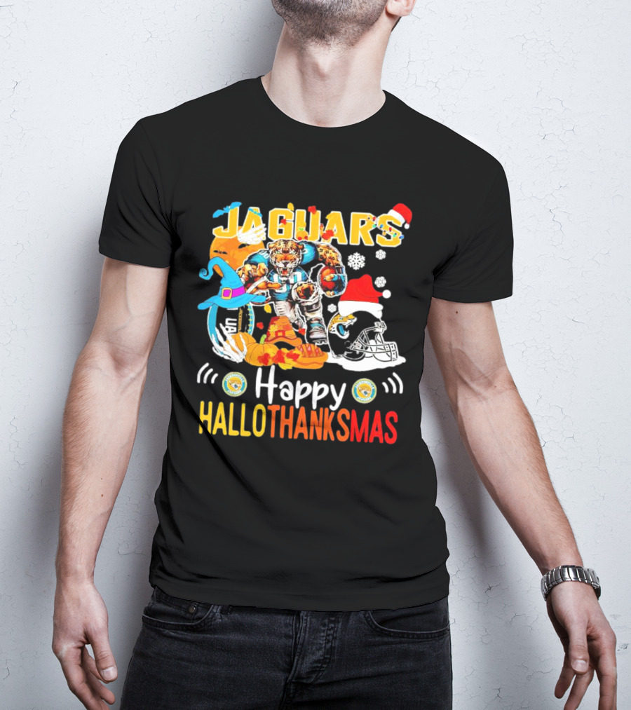 Jaguars Mascot Happy Hallothanksmas Football Halloween Thanksgiving Christmas T-Shirt
