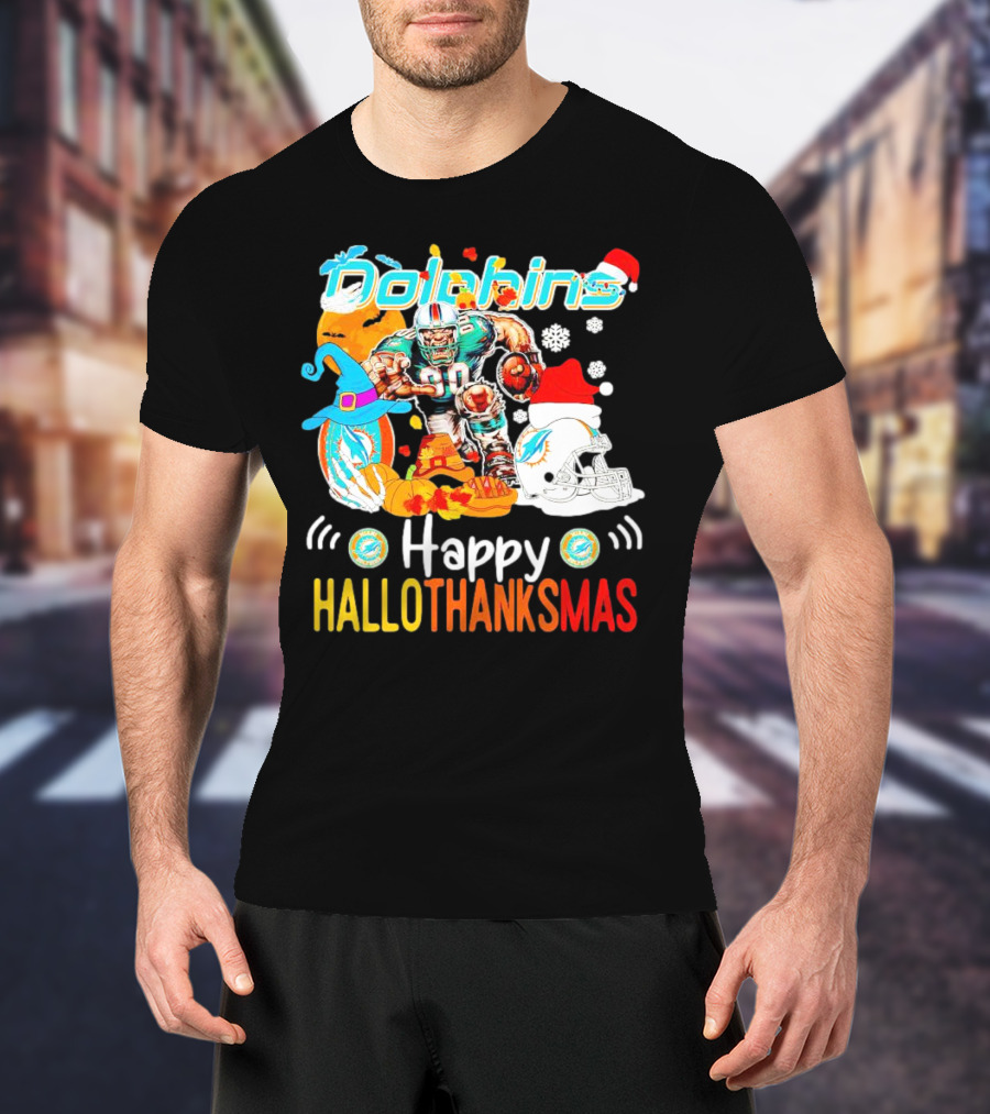 Miami Dolphins Mascot Happy Hallothanksmas Football Festive T-Shirt