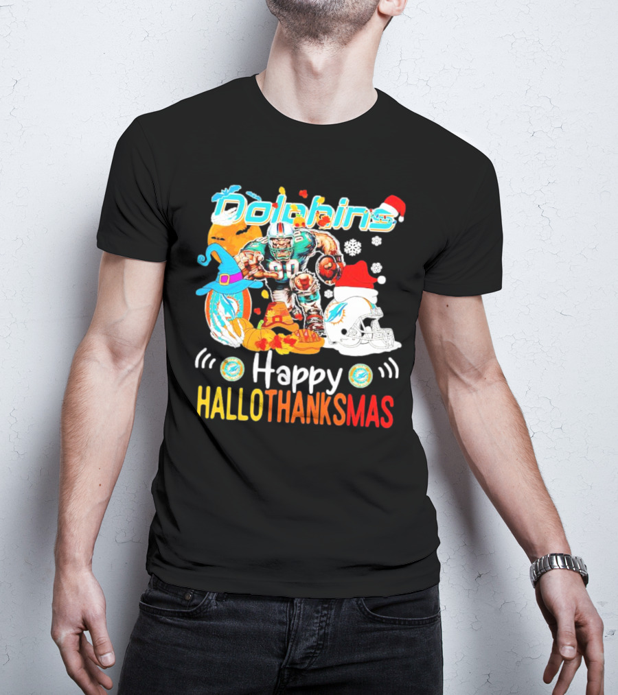Miami Dolphins Mascot Happy Hallothanksmas Football Festive T-Shirt