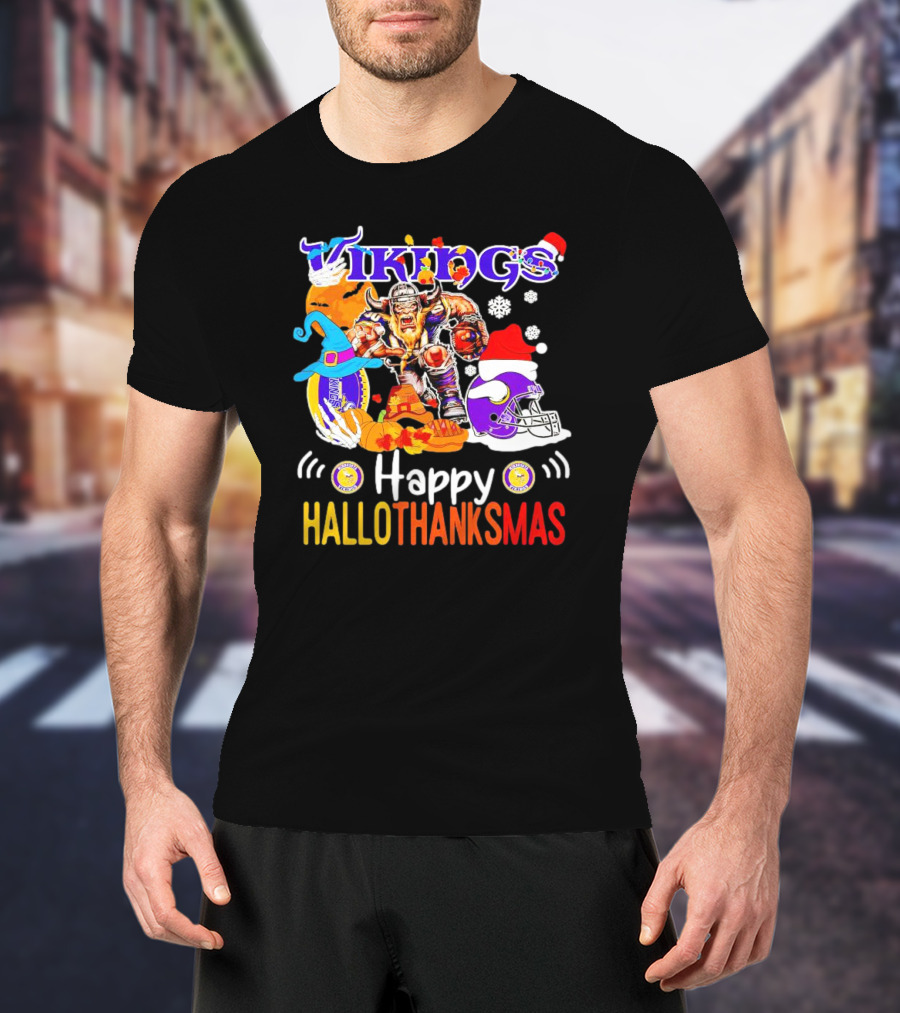 Vikings Mascot Happy Hallothanksmas Festive Football T-Shirt