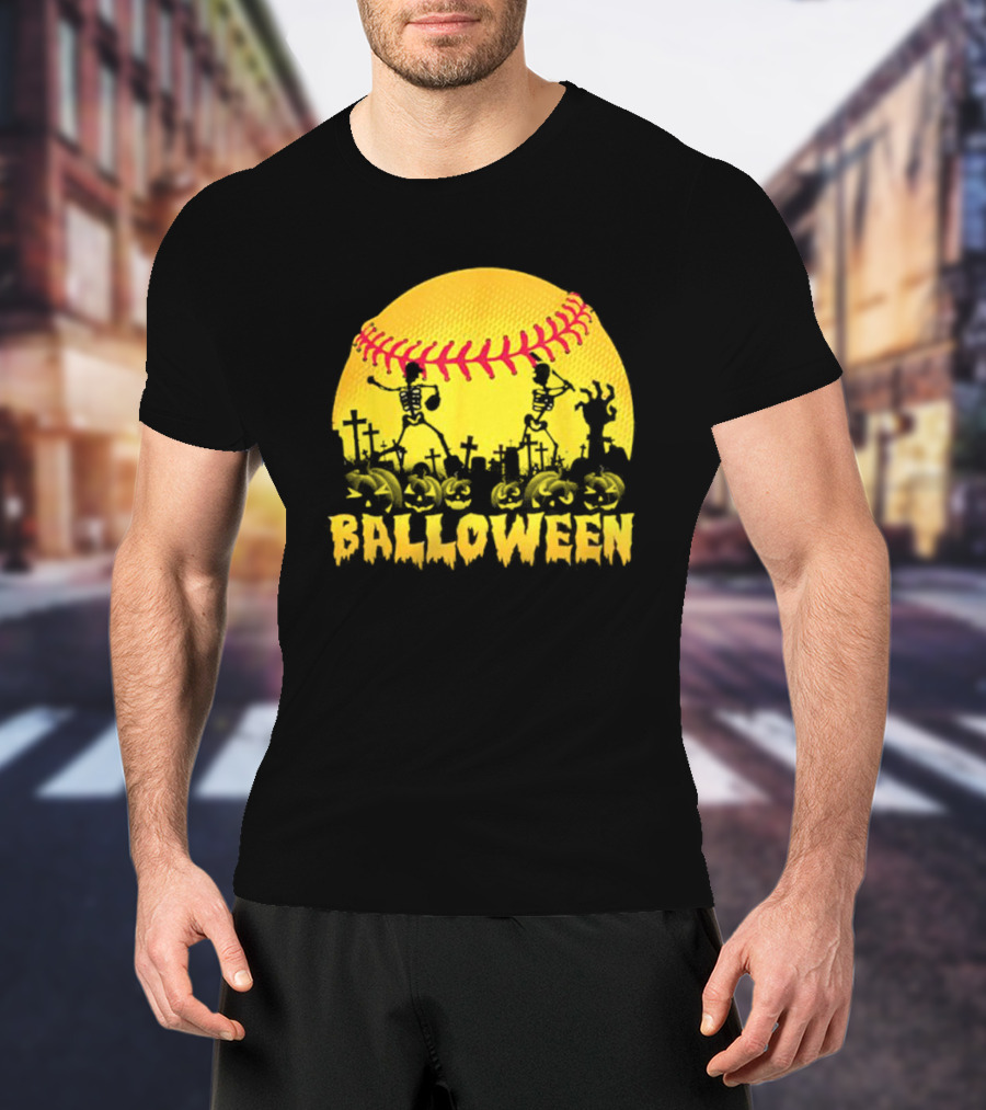 Balloween Softball Halloween Pumpkin Skeletons Graveyard T-Shirt