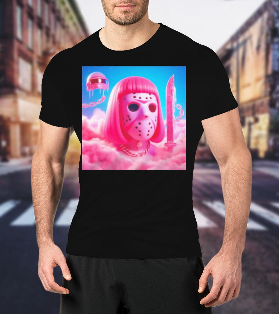Pink Friday The 13th Jason Hockey Mask And Knife In Pink Clouds T-Shirt