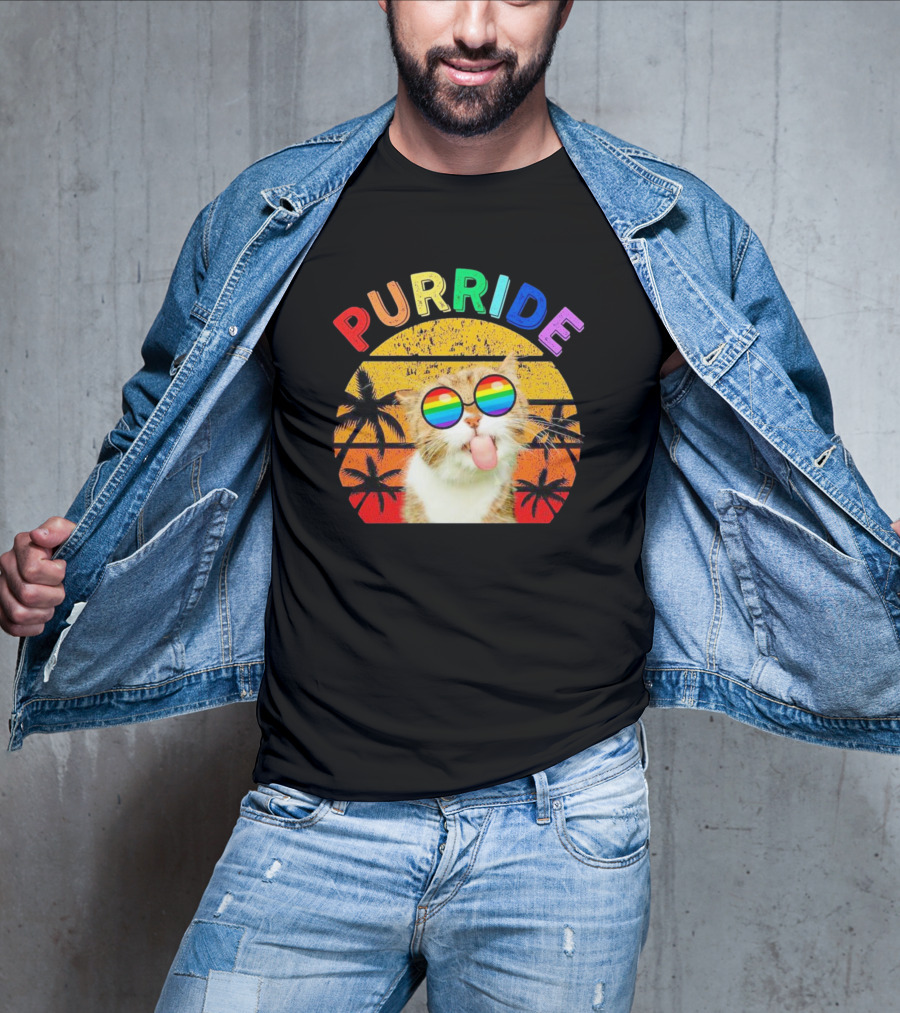 Purride Cat Tongue Out Rainbow Sunglasses Palm Trees Vintage Sunset T-Shirt