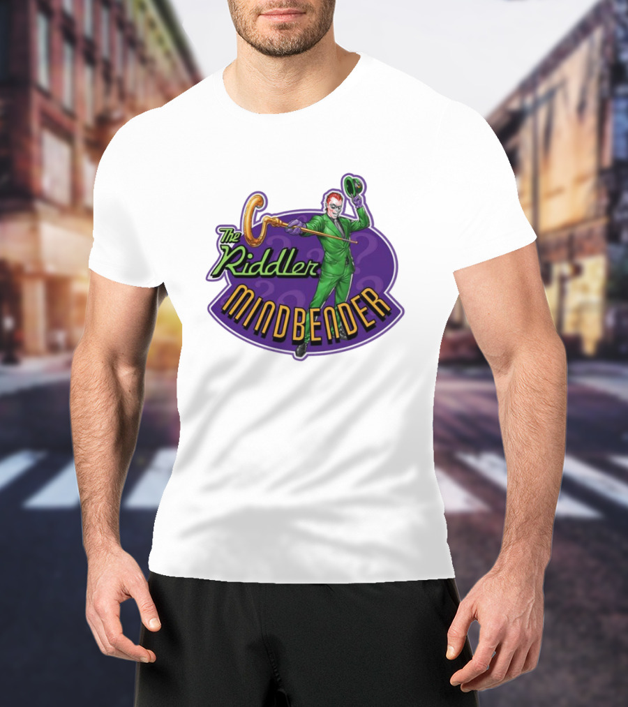 The Riddler Mindbender Green Suit Cane Iconic Purple Backdrop T-Shirt