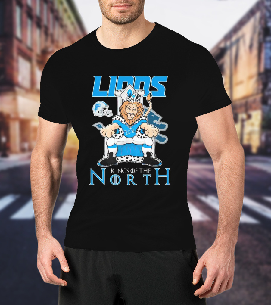 Detroit Lions Kings Of The North Mascot Roaring On Throne With Helmet T-Shirt