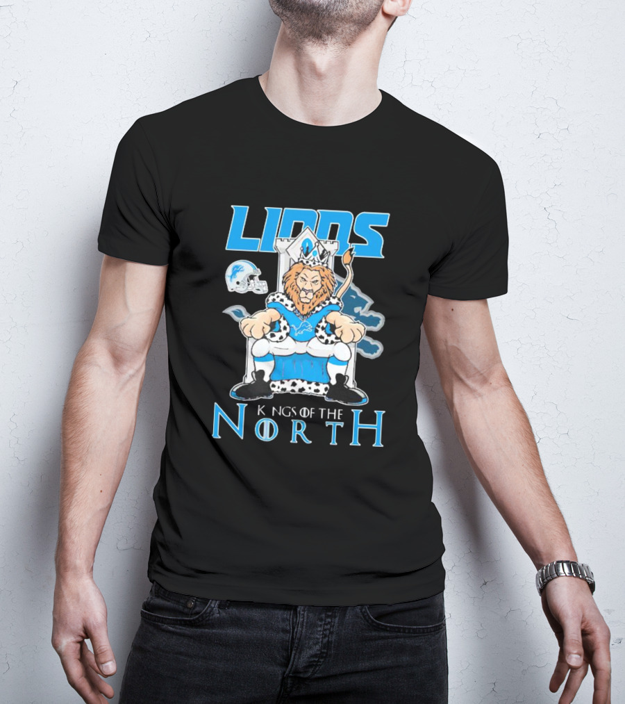 Detroit Lions Kings Of The North Mascot Roaring On Throne With Helmet T-Shirt