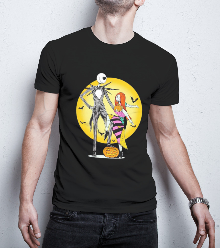 Jack And Sally Halloween Pumpkin Scene With Bats In The Nightmare Before Rumours T-Shirt
