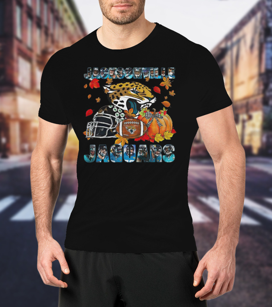 Jacksonville Jaguars Autumn Football Helmet And Pumpkin Leaves T-Shirt