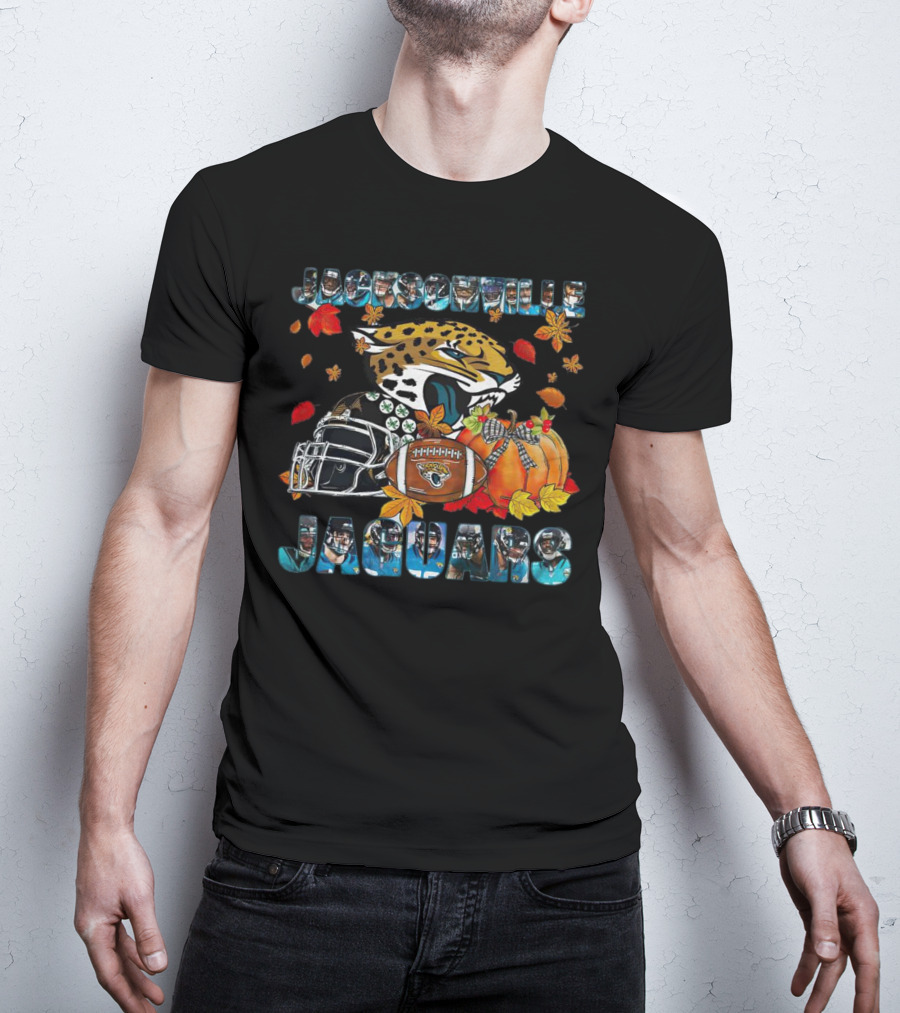 Jacksonville Jaguars Autumn Football Helmet And Pumpkin Leaves T-Shirt