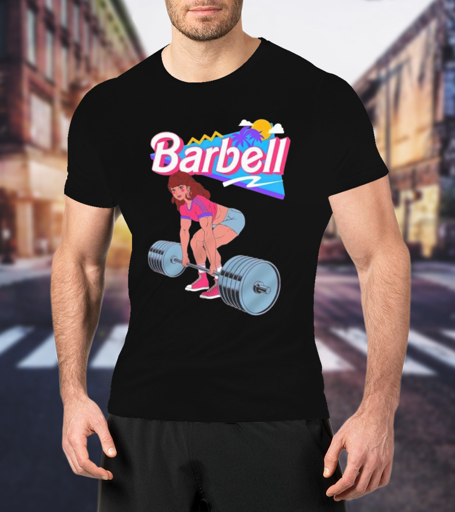 Barbell Brunette Retro Workout With Tropical Sunset And 80s Vibes T-Shirt
