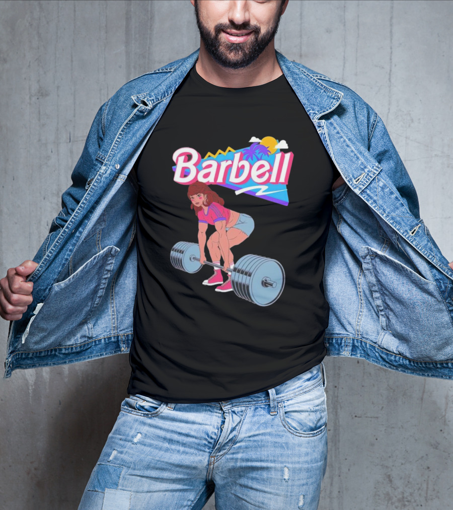 Barbell Brunette Retro Workout With Tropical Sunset And 80s Vibes T-Shirt