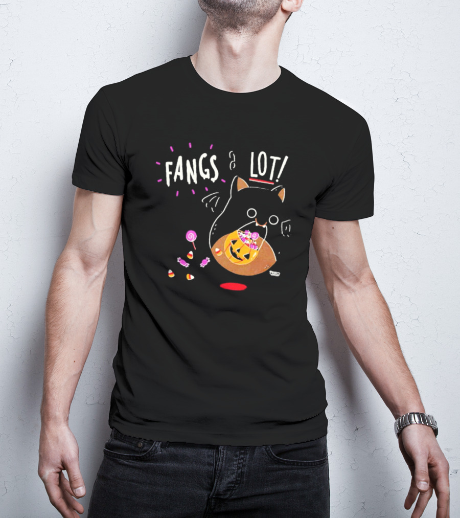 Fangs A Lot Cat With Halloween Candy And Jack-O'-Lantern T-Shirt