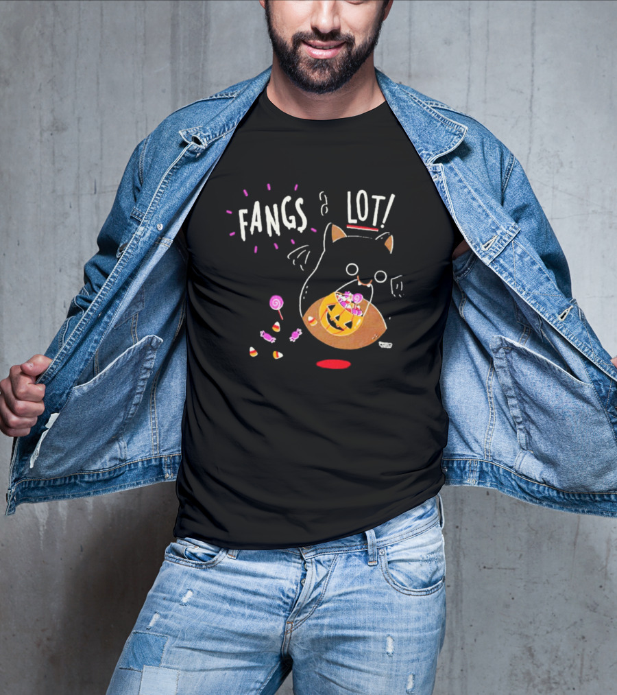 Fangs A Lot Cat With Halloween Candy And Jack-O'-Lantern T-Shirt