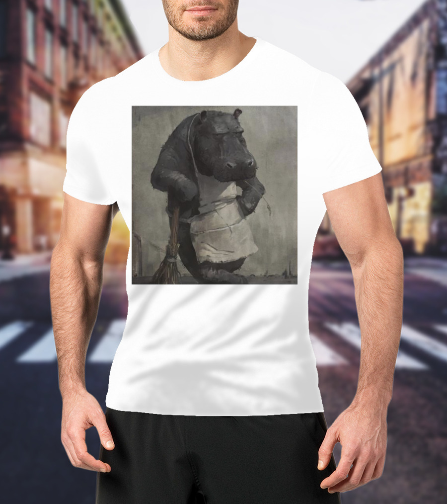 Hippo In Apron Holding Broom T-Shirt