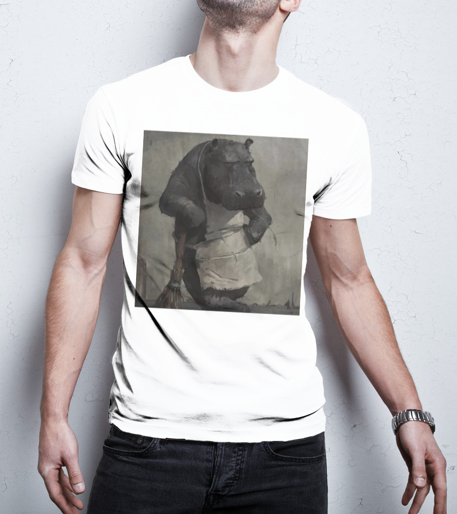 Hippo In Apron Holding Broom T-Shirt