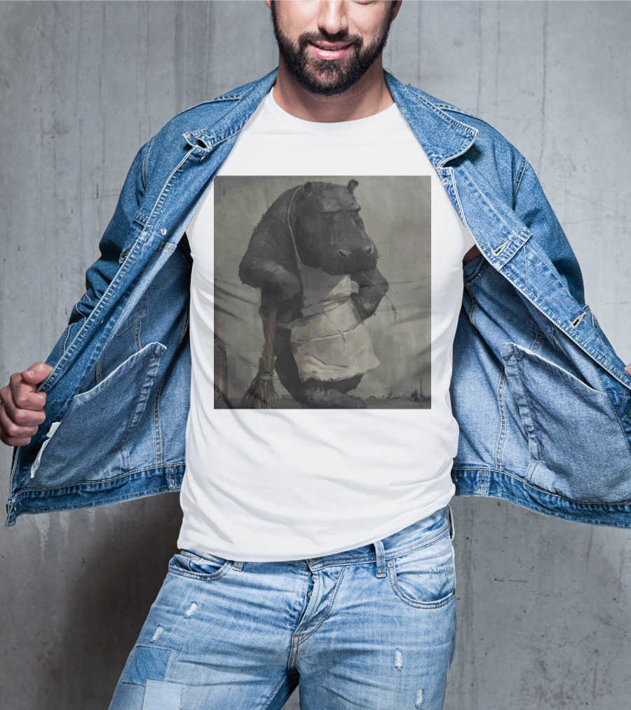 Hippo In Apron Holding Broom T-Shirt