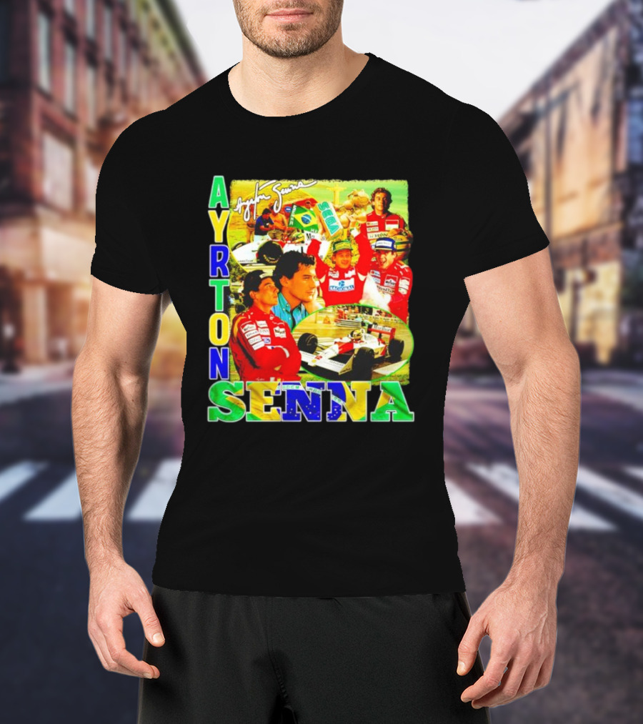 Ayrton Senna Signature Celebration Collage With Brazilian Flag Colors T-Shirt