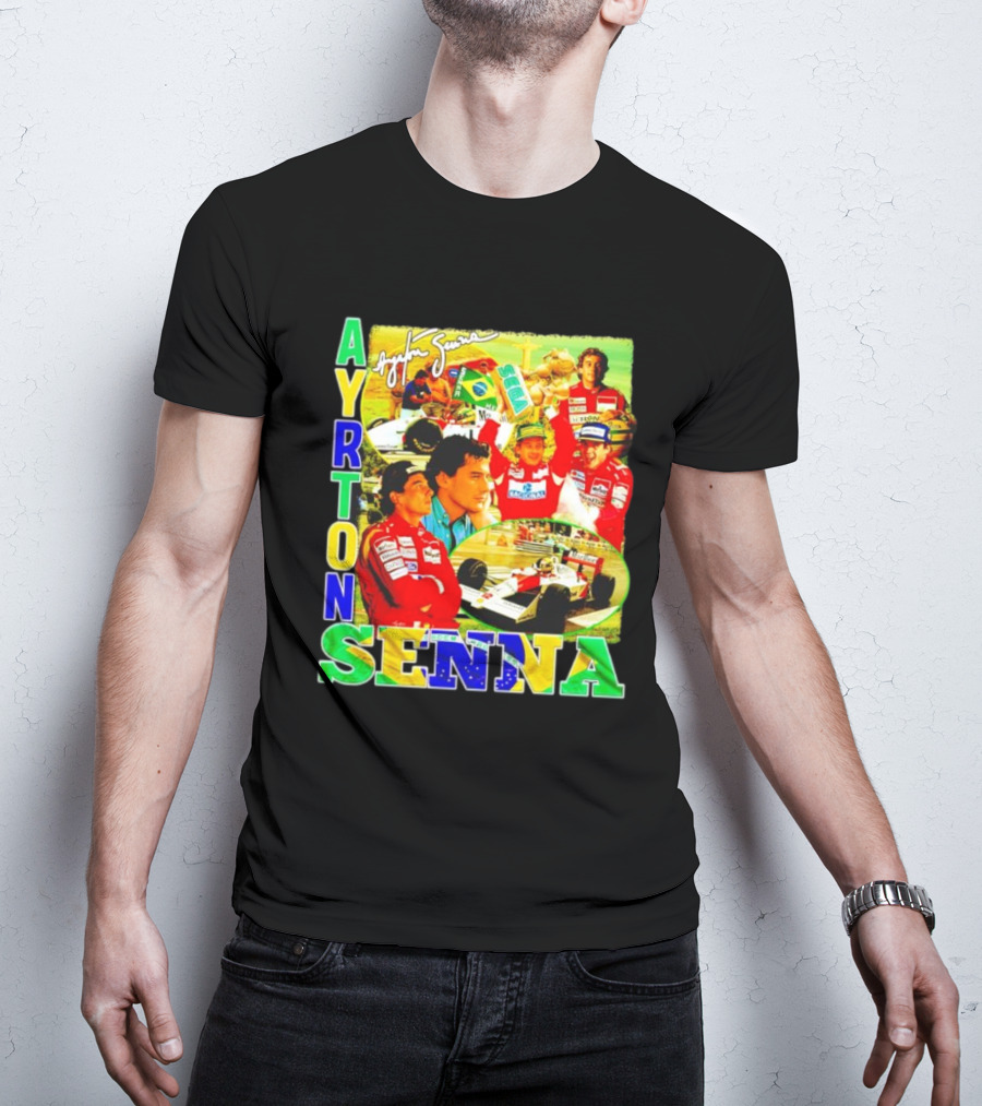 Ayrton Senna Signature Celebration Collage With Brazilian Flag Colors T-Shirt