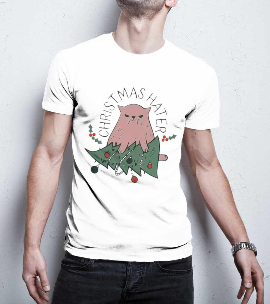 Christmas Hater Angry Cat With Broken Tree And Holly Decorations T-Shirt