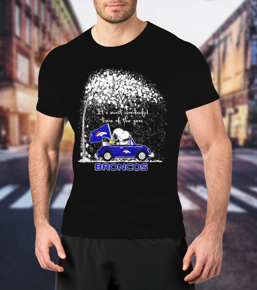 Snoopy And Woodstock Broncos It’s Most Wonderful Time Of The Year Winter Scene T-Shirt